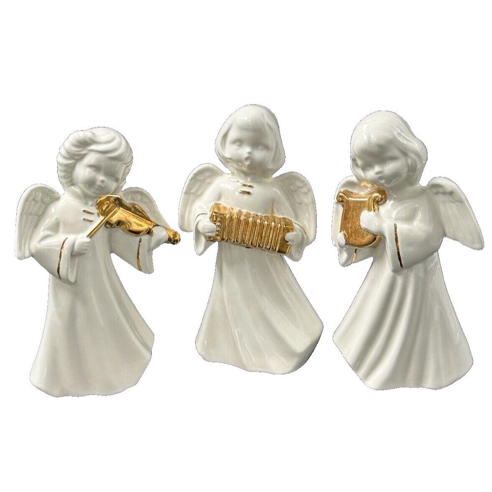 White and Gold Ceramic Angels Playing Musical Instruments Set of 3 Angels